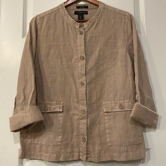 TAHARI Button Up Blouse Womens Medium Khaki 100% Linen - Lagenlook Pockets ▪️ - Picture 5 of 5